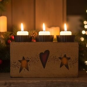 Vintage Wooden Primitive Folk Art Stars Heart 3 Votive Candle Holder